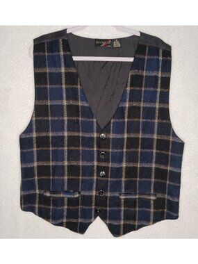 VTG 90s Thums Up Vest Mens L Plaid Wool Blend Button Hipster Classic Waistcoat